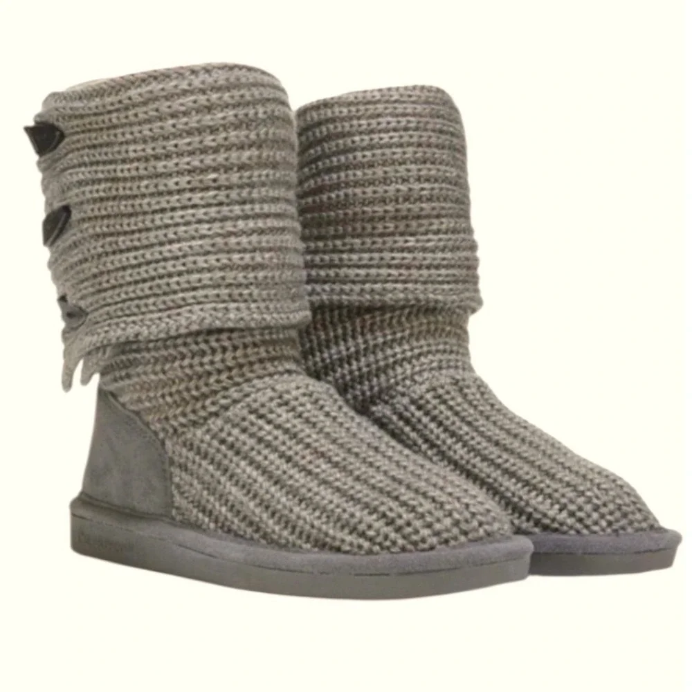 Bearpaw Knit Tall Grey Toggle Button Boots Women 6 Suede Trim Wool Blend Lining